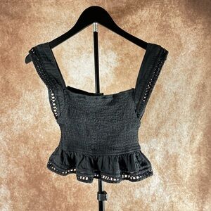 Princess Polly Black Smocked Peplum Crop Top Eyelet Strap Boho Size 4